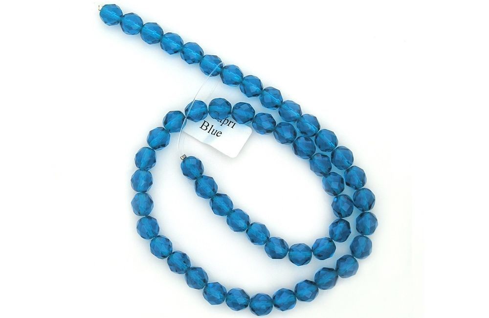 Czech Fire Polished Round Faceted Glass Beads in Capri Blue Light color 16″ str
