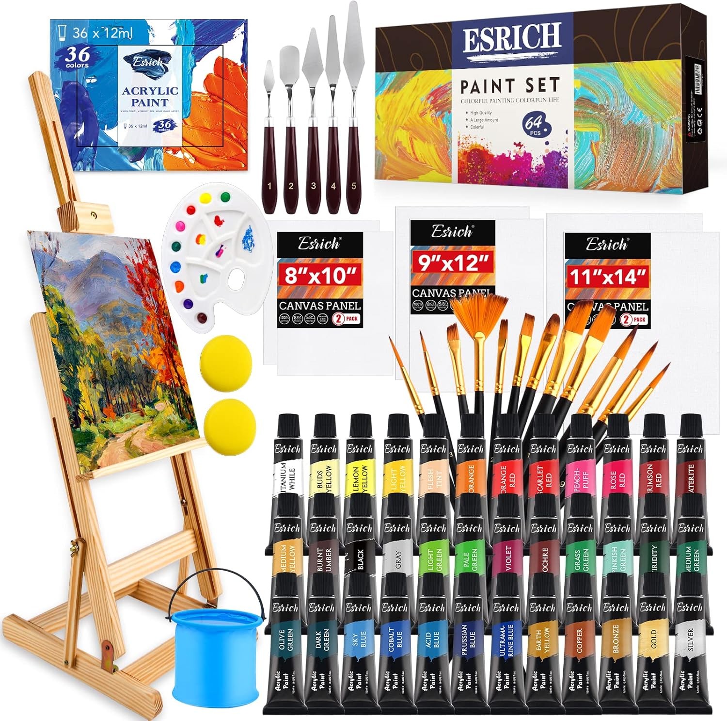 ESRICH Acrylic Paint Set,64PCS Painting 14.76 Fl Oz (Pack of 1), 36Color