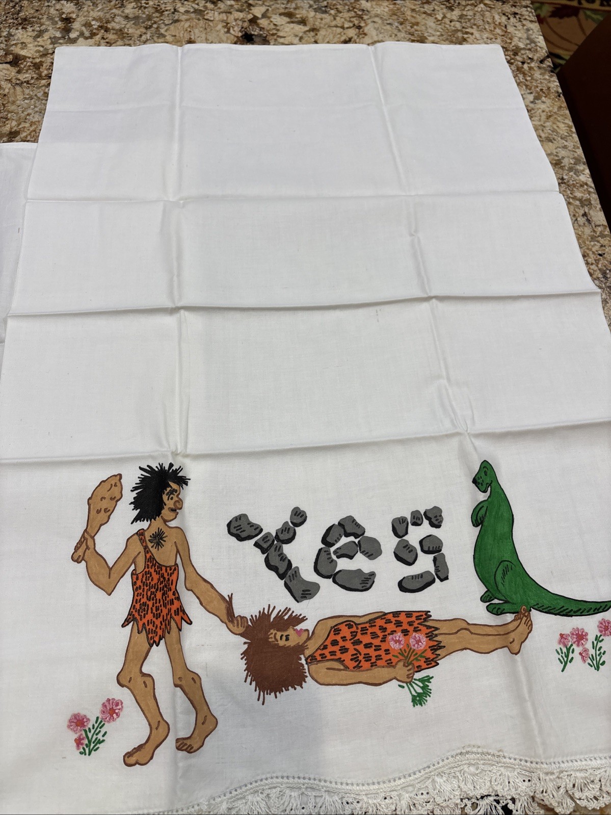 Lee Wards STONE AGE YES & NO 100% Cotton Pillowcases Painted NOS