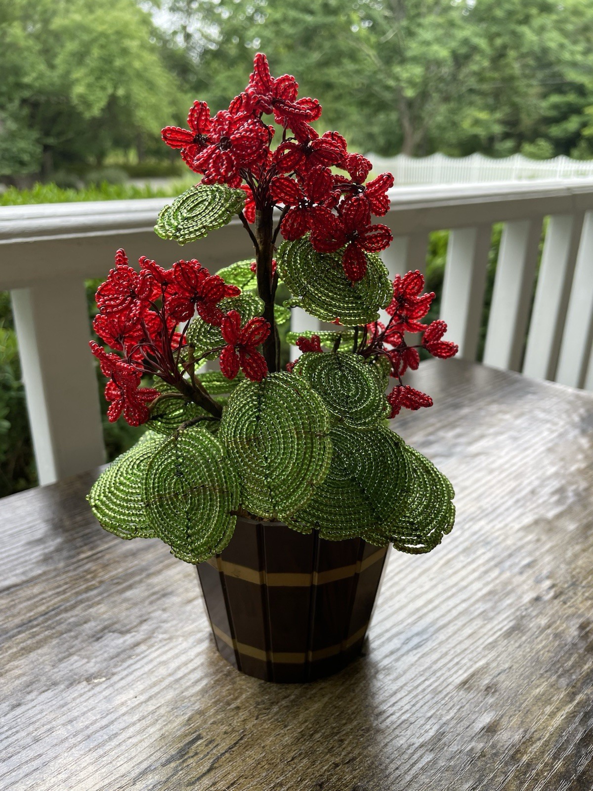 Vintage French Glass Seed Beaded Flowers Red Geranium Beaded Potted Arrangement