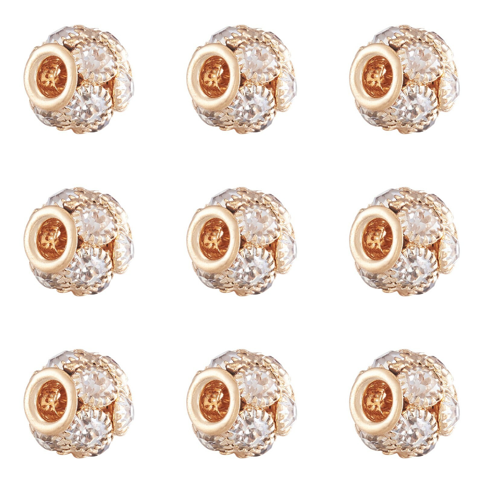 30x Rondelle Light Gold Crystal Brass Beads Crafts with Clear Rhinestone 12x10mm