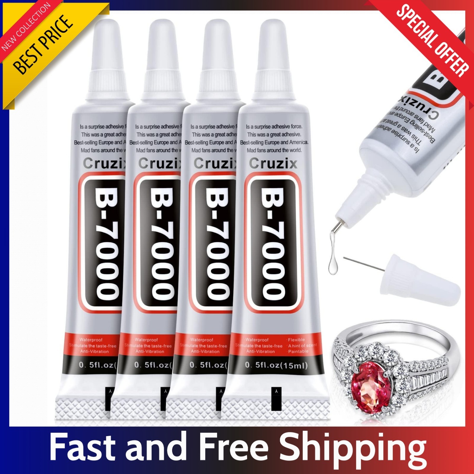 B-7000 Glue Clear 4 Pack – 15ml Jewelry Rhinestone Fabric Phone Repair Adhesive.