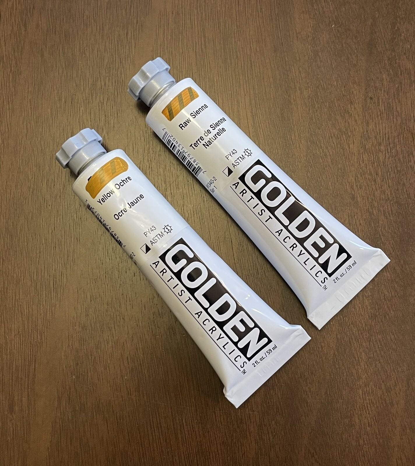 Pre-reformulation Yellow Ochre & Raw Sienna acrylic, 2oz, Golden Artist Colors
