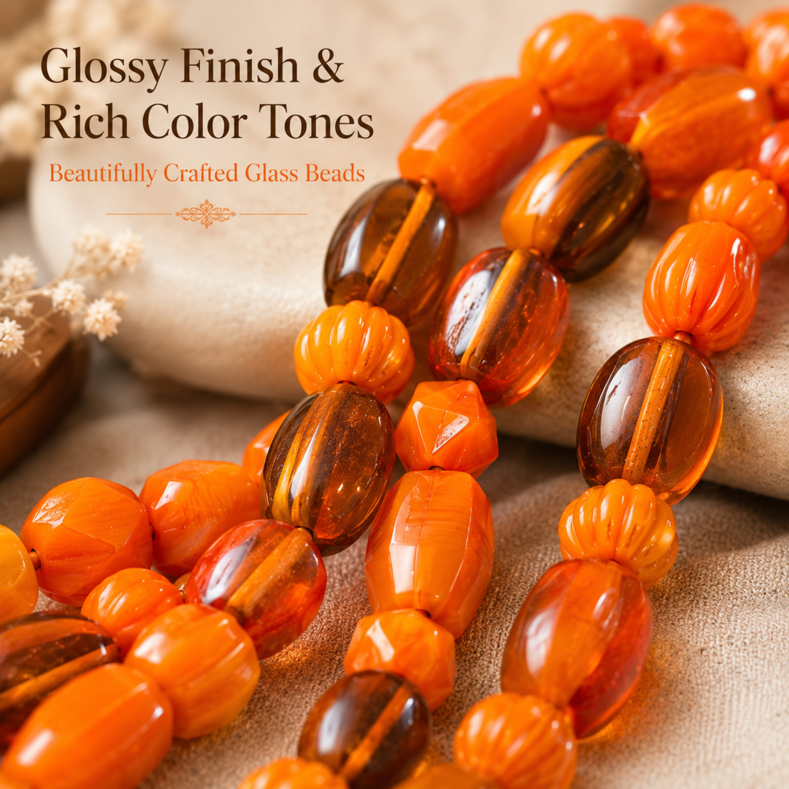 100 Lamp Work Glass Beads, Mixed Style & Sizes in Orange Color combination.