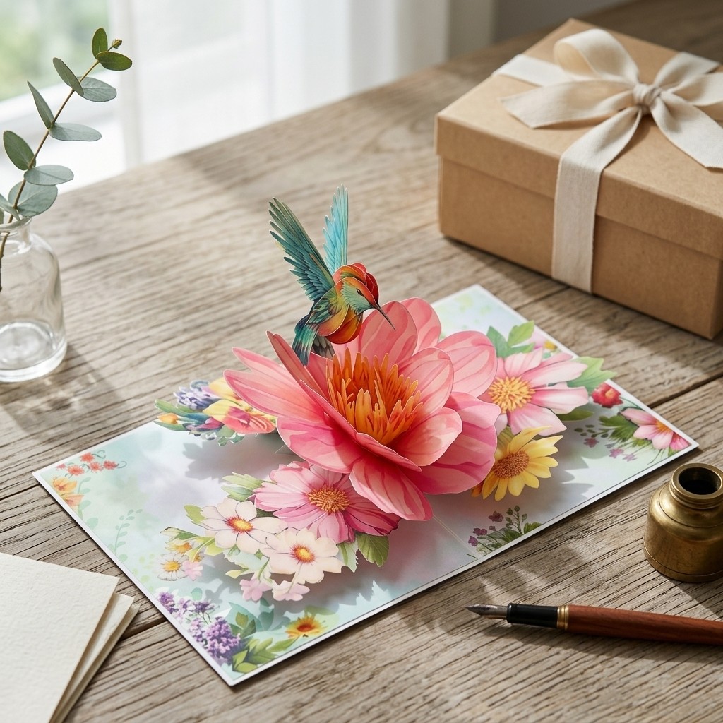 Hummingbird Floral 3D Pop Up Greeting Card For Birthdays Holidays Gift