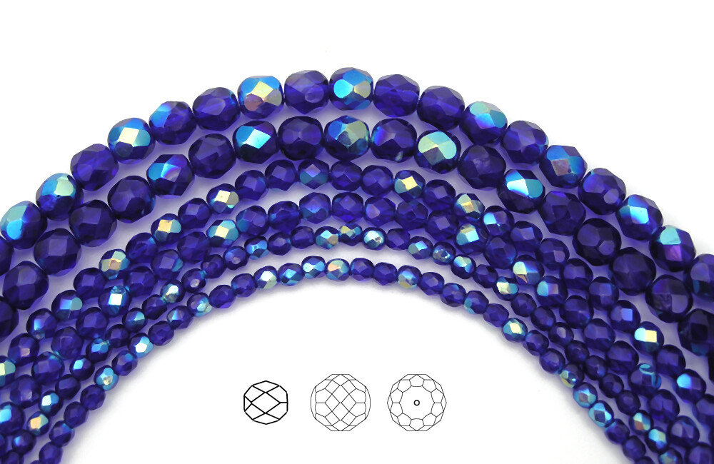 Czech Fire Polished Round Faceted Beads in Cobalt Blue AB coated 16″ strands
