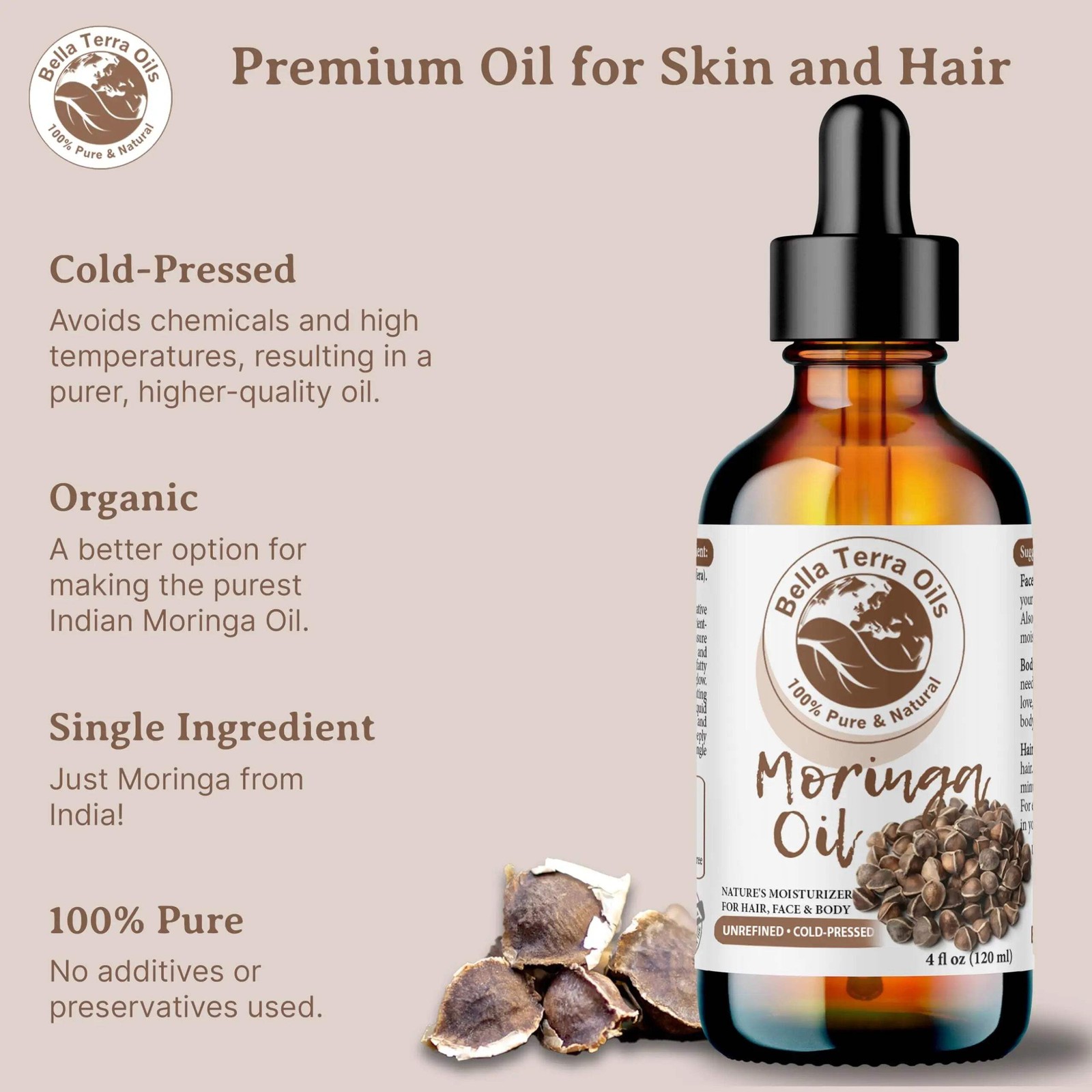 Organic Cold-Pressed Moringa Oil 100% Raw Pure Skin Hair Face Nails Moisturizer