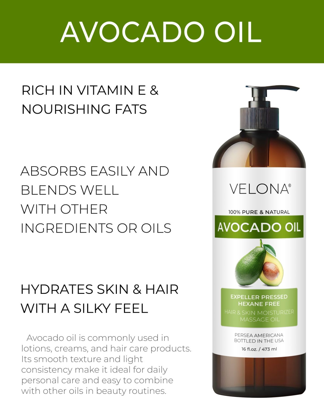 Avocado Oil by Velona – 32 oz, Refined, Cold Pressed, Hair Body and Skin Care