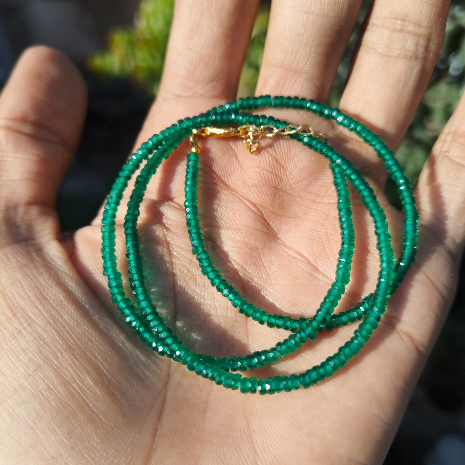 AAA Faceted Emerald Beads Necklace . Green Emerald Beaded Necklace . 925 Silver