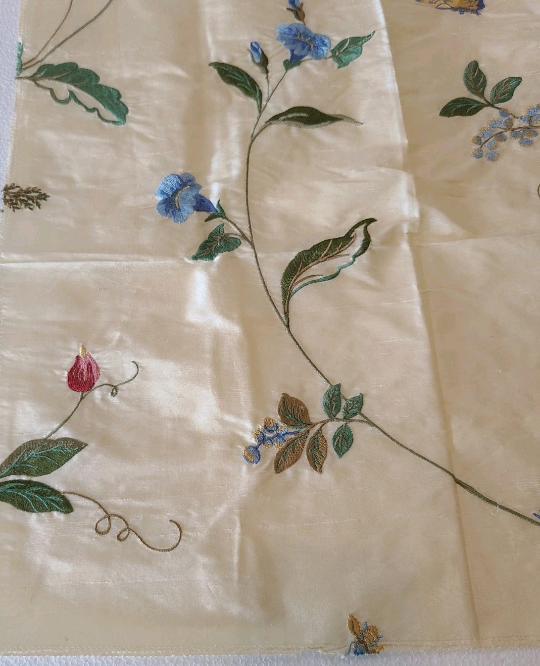 Designer Fabric Silk Samples Floral Butterfly Embroidered Cream Green Rose India