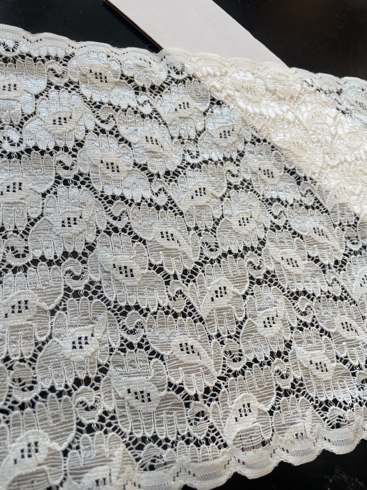 Ivory Doubled scalloped Shiny floral stretch trim lace 8″ w Per Yard sew craft