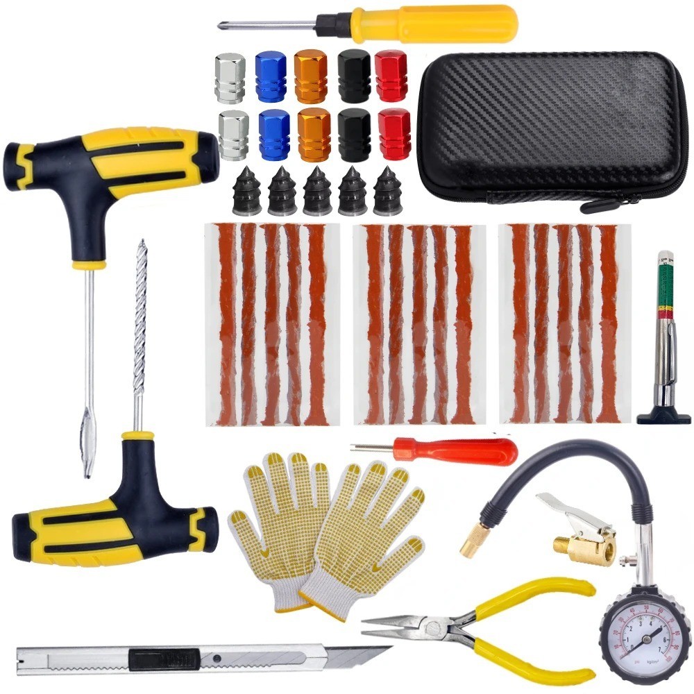 Car Truck Motorcycle Tire Repair Kit DIY Flat Home Plug Patch Multi Pliers Box