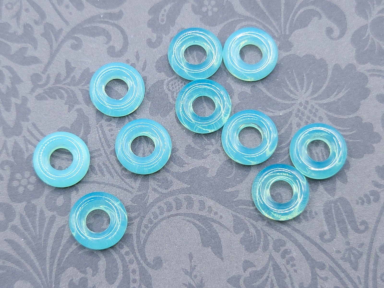 Donut Uranium Glass Beads Blue Green Opal Ring Beads Large Hole 9mm Czech 10pcs