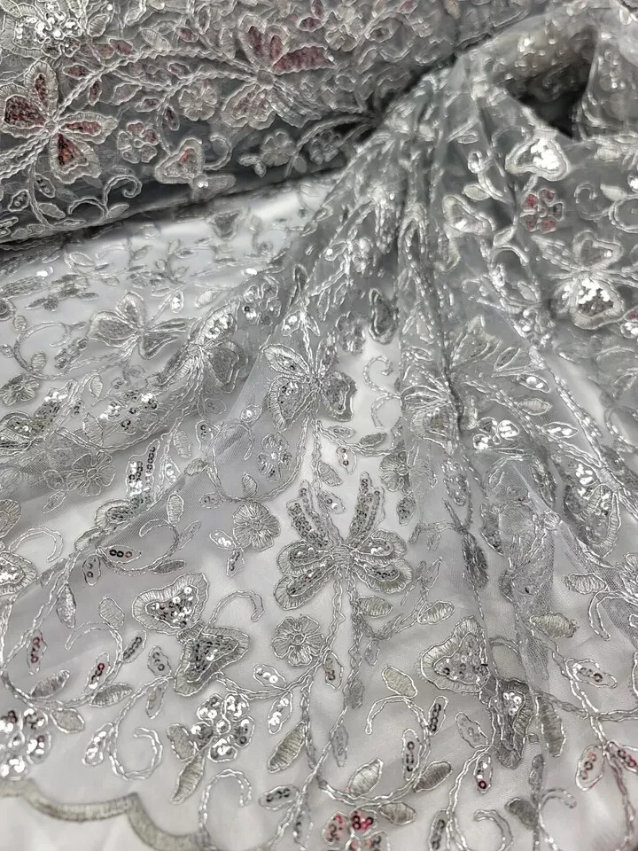 “Silver Sequin and Butterfly Embroidered Lace Fabric – Sold by the Yard