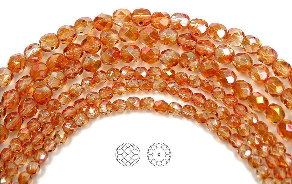 Czech Fire Polished Round Faceted Beads in Crystal Apricot Medium, 3-4-6-8mm