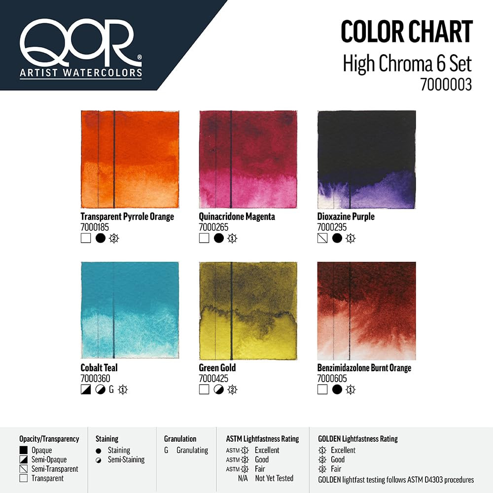 QoR High Chroma 6 Set by GOLDEN 6 x 5 ml tubes Professional Watercolor Pain