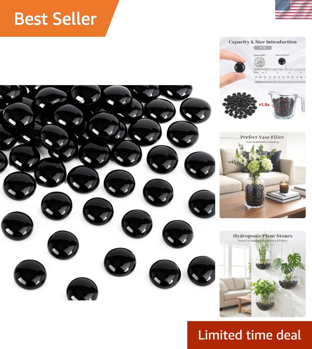 100 Pcs Obsidian Black Flat Glass Marbles – Stylish Table Scatter Gems