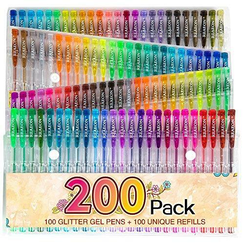 200 Glitter Gel Pen Set, 100 Pens + 100 Refills for Adult Doodle Coloring Books