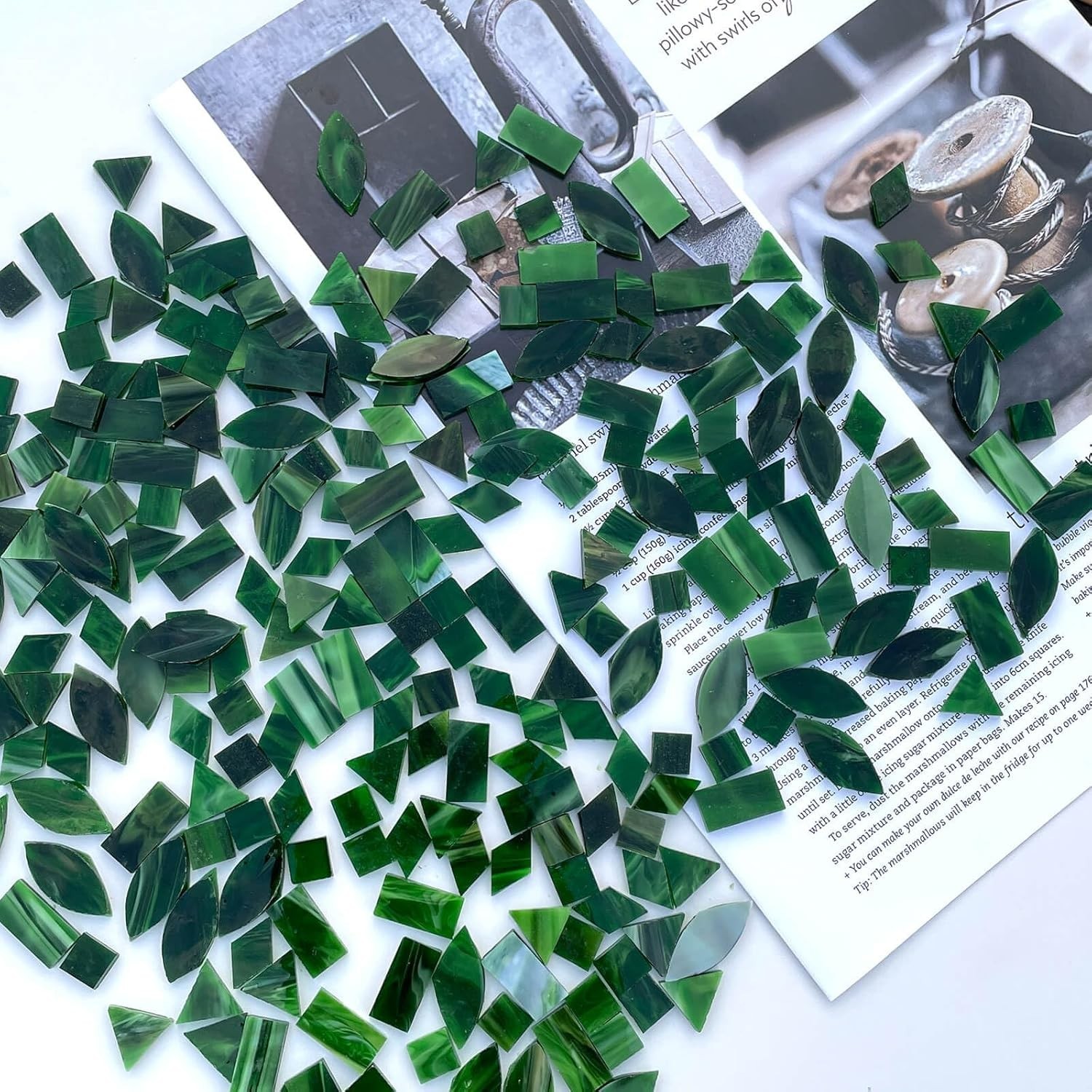 240 Piece Forest Green Stained Glass Mosaic Tiles – 5 Shapes for DIY Crafts
