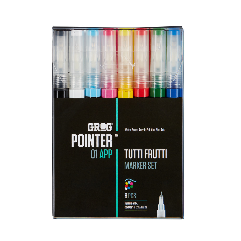 Grog Aqua Paint Marker 8 Pack – Mixed Basic/Main Colour/Size Pointer Set Bundle