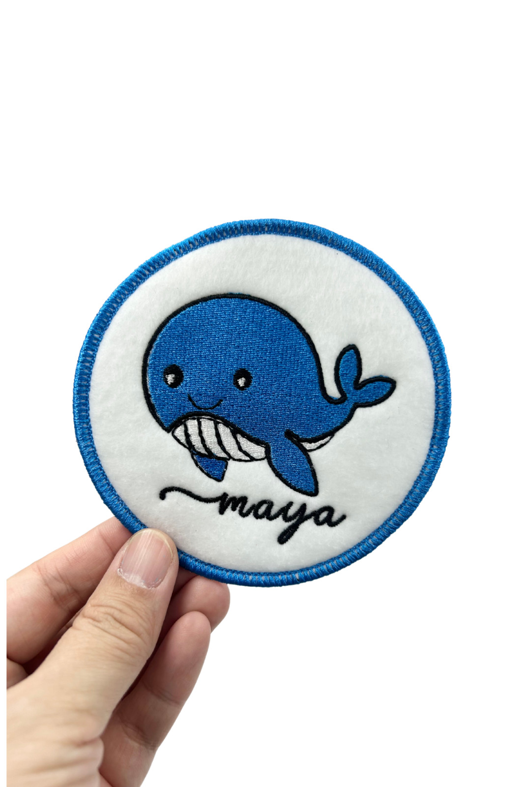 Custom Glittered and Felted Iron-on Baby Whale Name Tag Patch