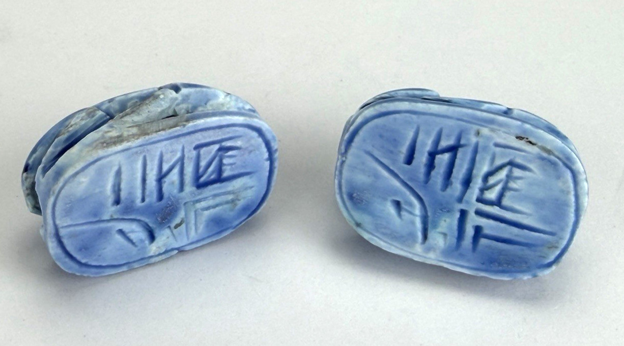 (Lot of 2) Vintage Egyptian Carved Scarab Amulet Beads 2 in Glazed Ceramic Blue