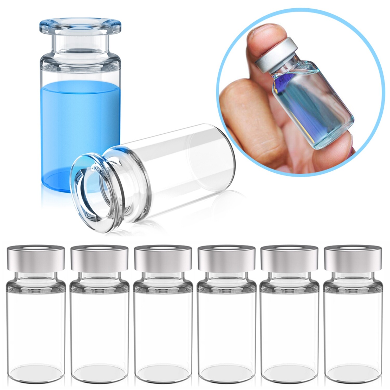 100PCS Lab Sample Vials 10ml Small Glass Bottle Mini Jars+Aluminum Crimp Lid Top
