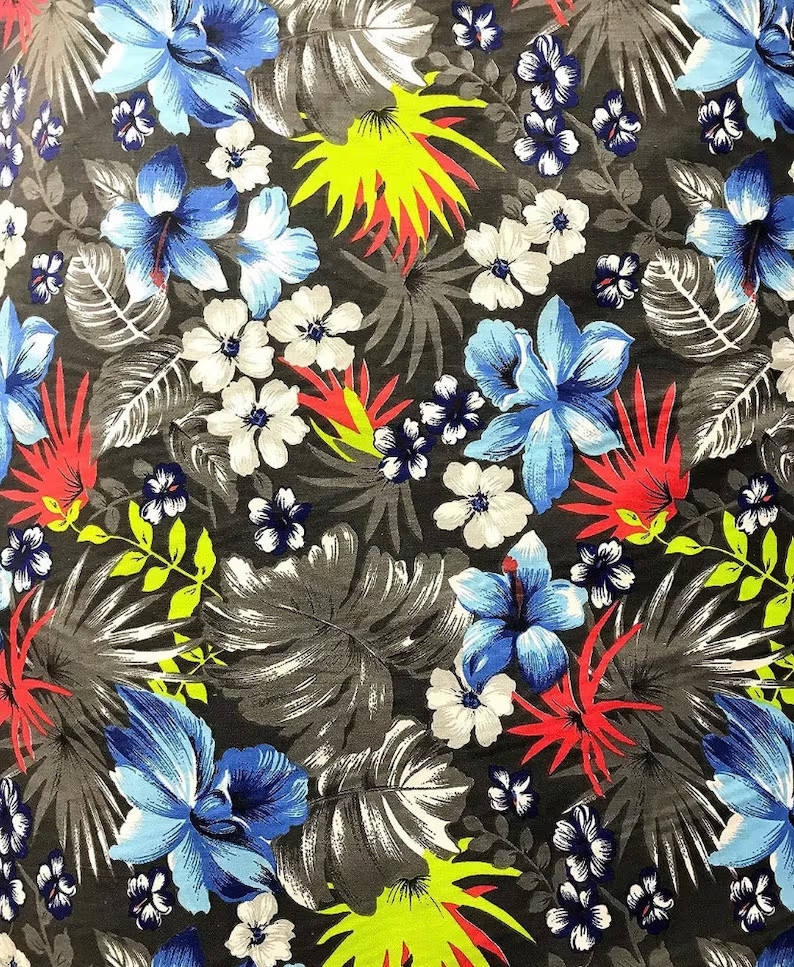 Gray black Hawaiian Flowers Poly Cotton 60” Wide fabric- None Stretch