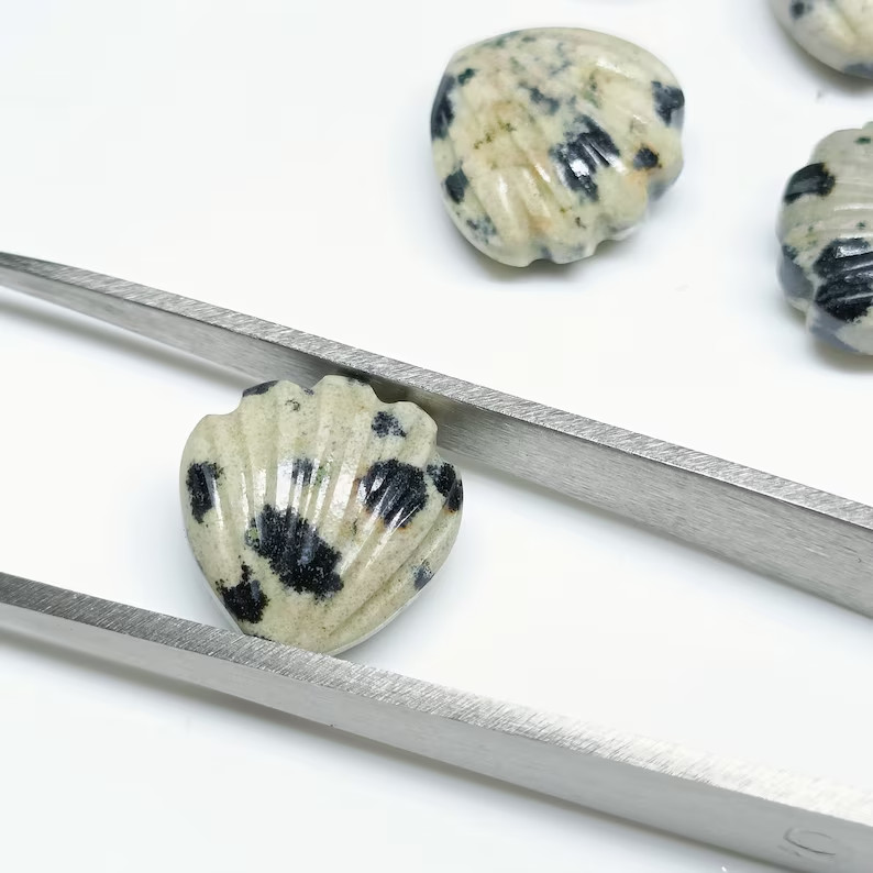 5Pcs Natural Dalmatian Jasper Shell Shape Briolette’s,12mm Hand Carved Beads