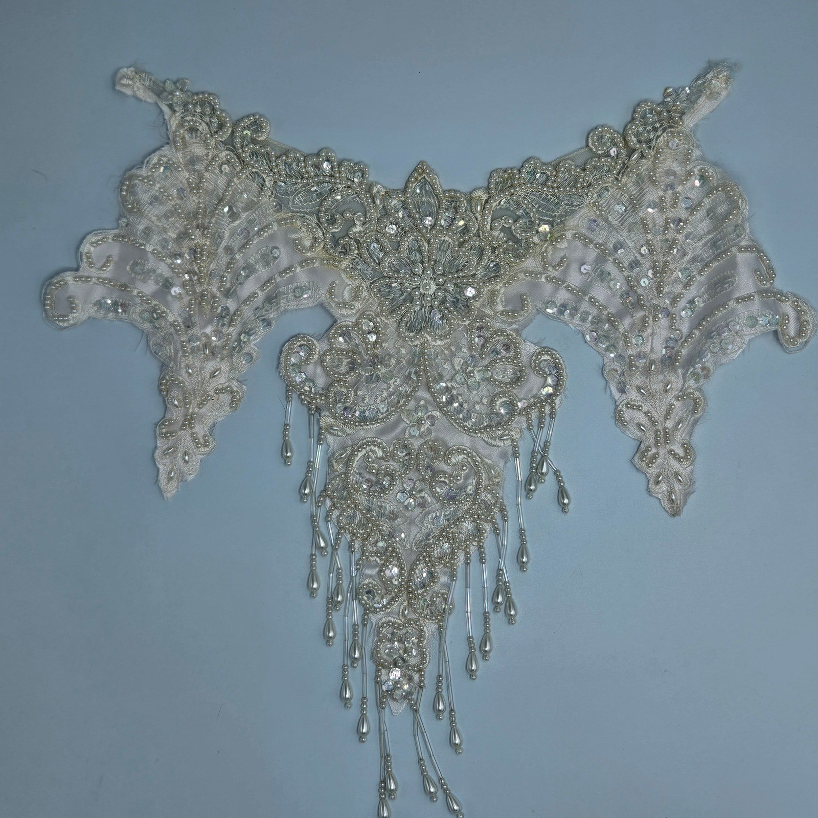 Vintage Ivory Beaded Bridal Applique Pearl Sequin Bodice Trim with Fringe Lace