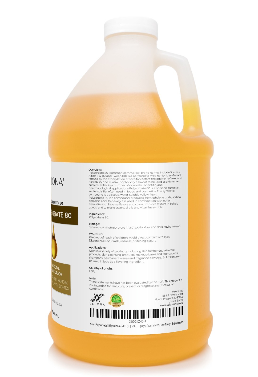 Polysorbate 80 by Velona – 64 oz Solubilizer, Food Cosmetic Grade Cooking, Bath