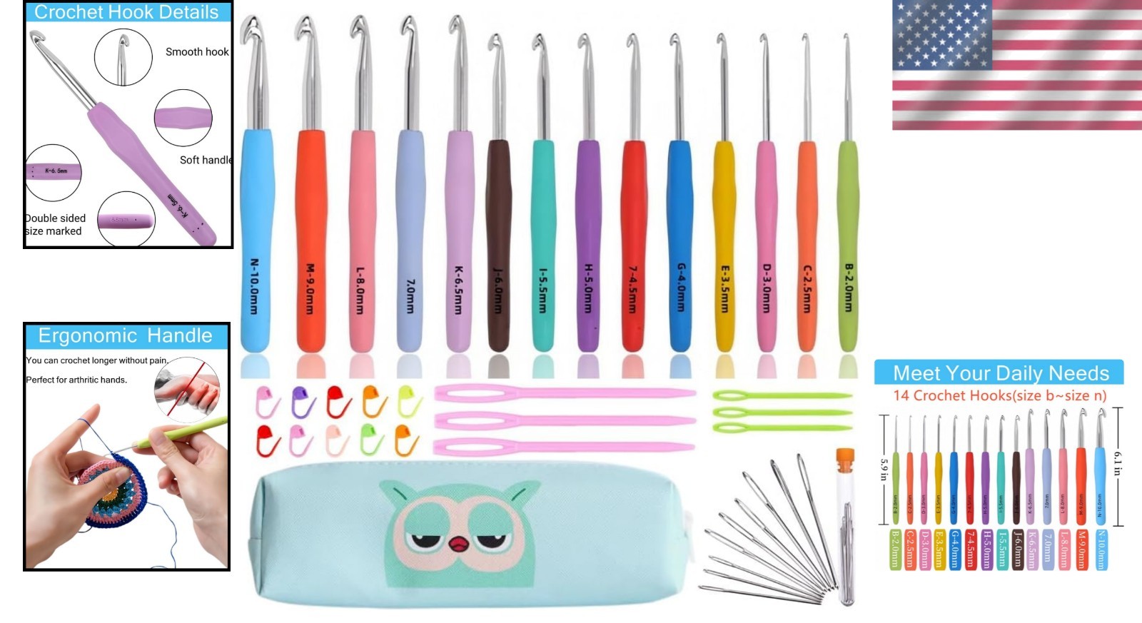 Crochet Hooks Set Clover Amour Steel Pastel 14 Pcs Ergonomic Easy Grip Bright