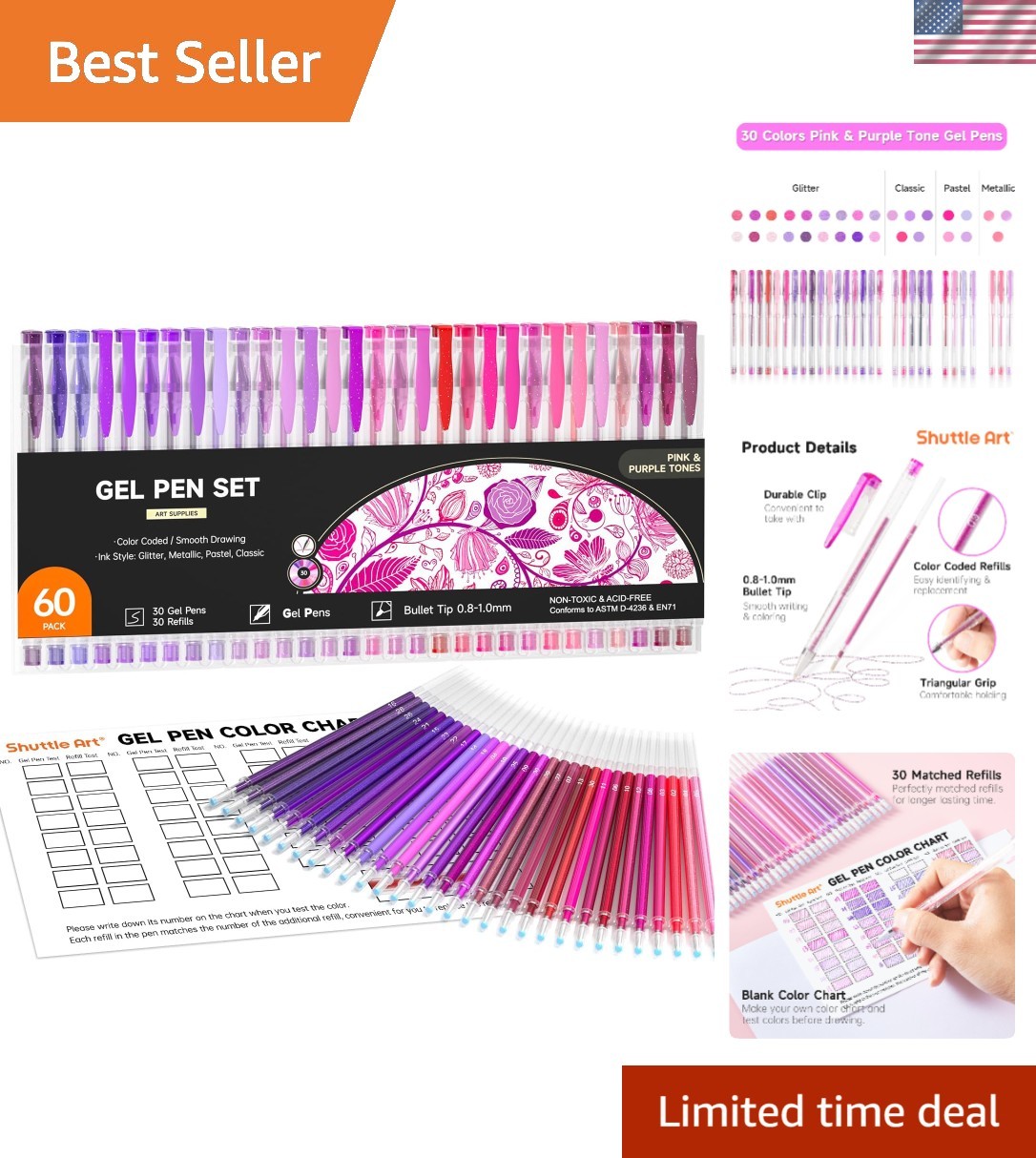 60 Pack Tone , Pink Purple Gel Pens with 30 Refills for Adults Coloring Books…