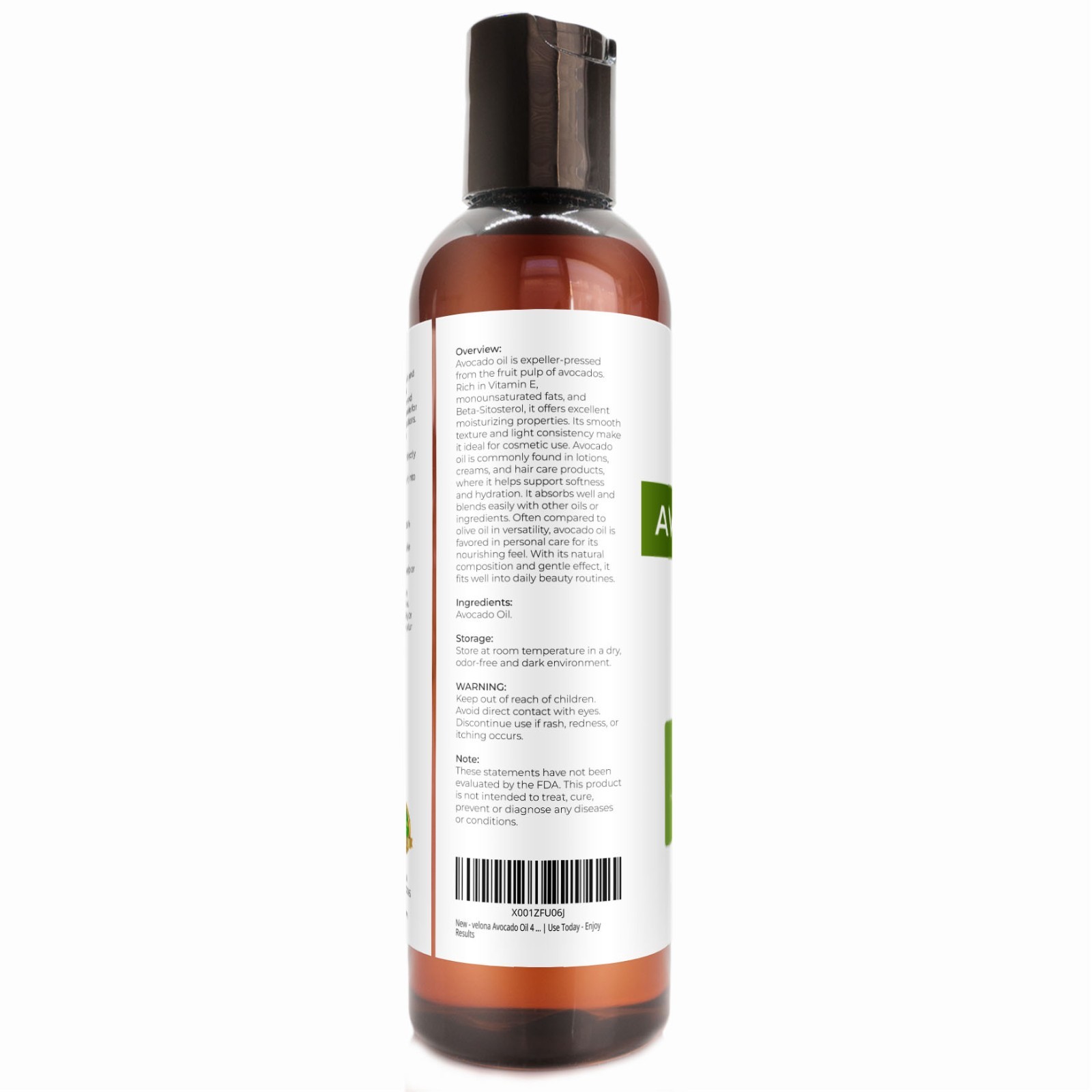 Avocado Oil by Velona – 4 oz, Refined, Cold Pressed, Hair Body and Skin Care