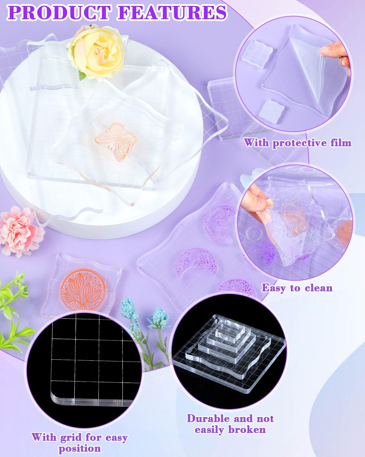 7 Pieces Acrylic Stamp Block, Assorted Sizes Clear Stamping Blocks Tools with…