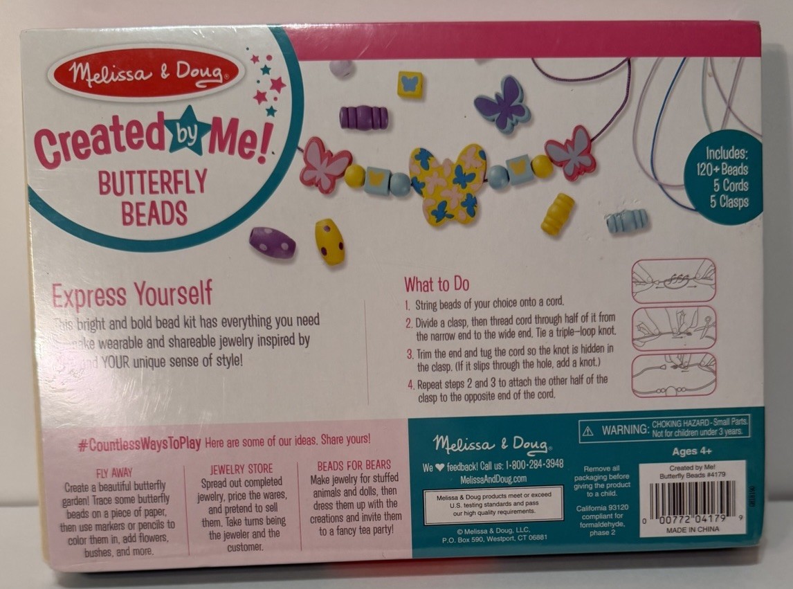 NEW Melissa and Doug Created By Me! Butterfly Beads WOODEN BEAD KIT Ages 4+