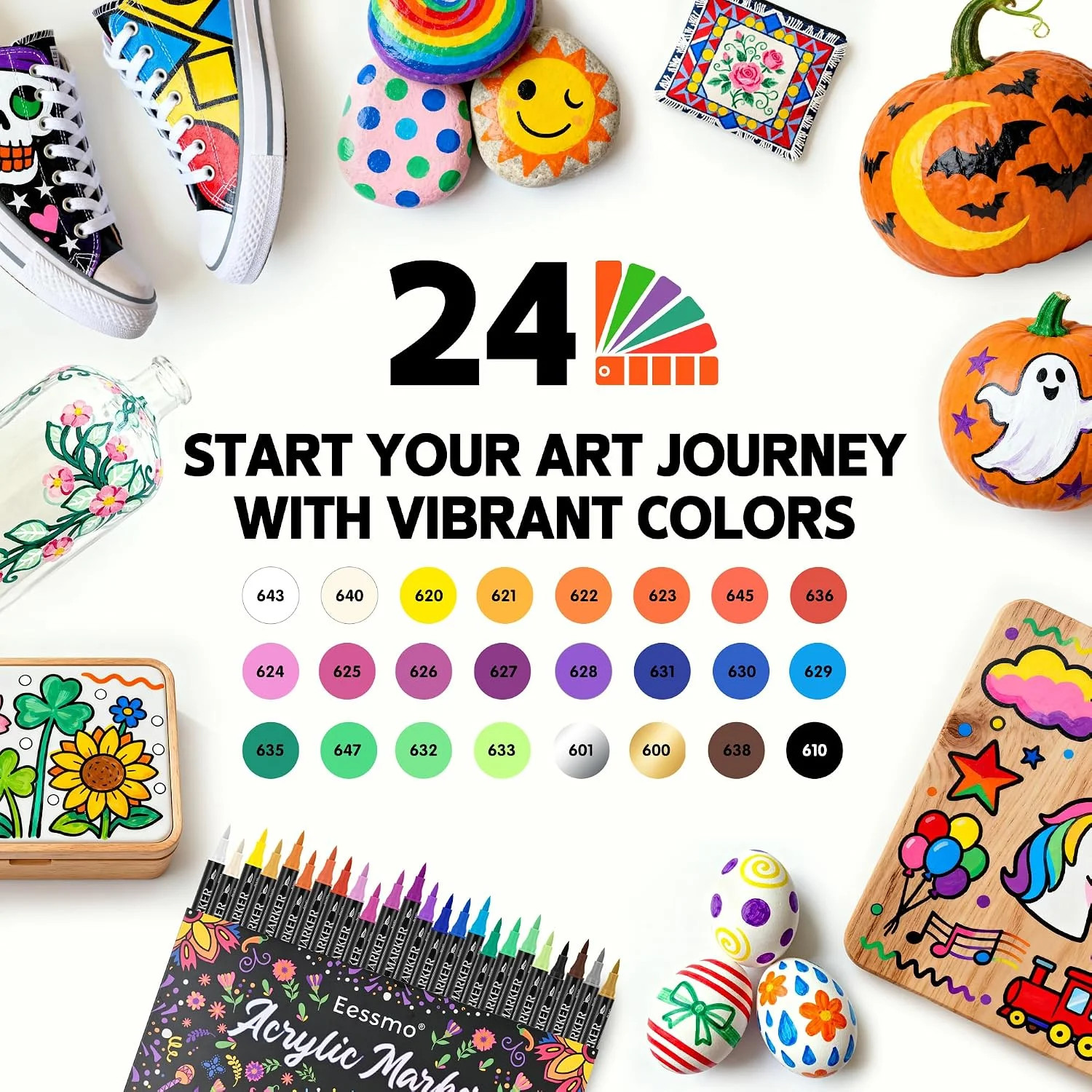 24 Acrylic Paint Markers – Paint Pens for Drawing, Brush + Fine Tips – for Fabri