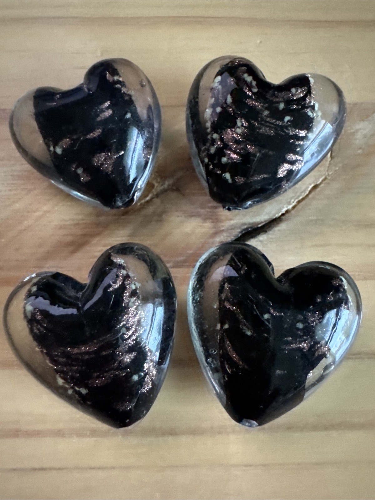4 BLACK GOLD SAND HEART 3D Puffy 28mm LAMPWORK GLASS -jewelry beads