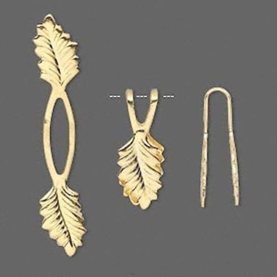 Bail, Fold Over, Gold Plated Brass Glue on Y Leaf 39x7mm Pendant with 20mm Grip