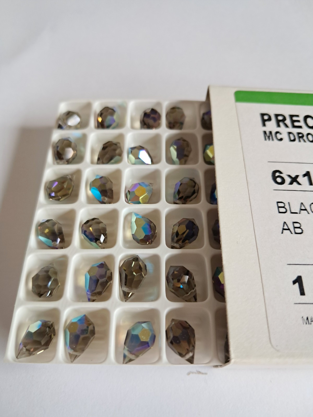 PRECIOSA 6 X 10 MM MACHINE CUT BLACK DIAMOND AB DROPS (24 PCS)