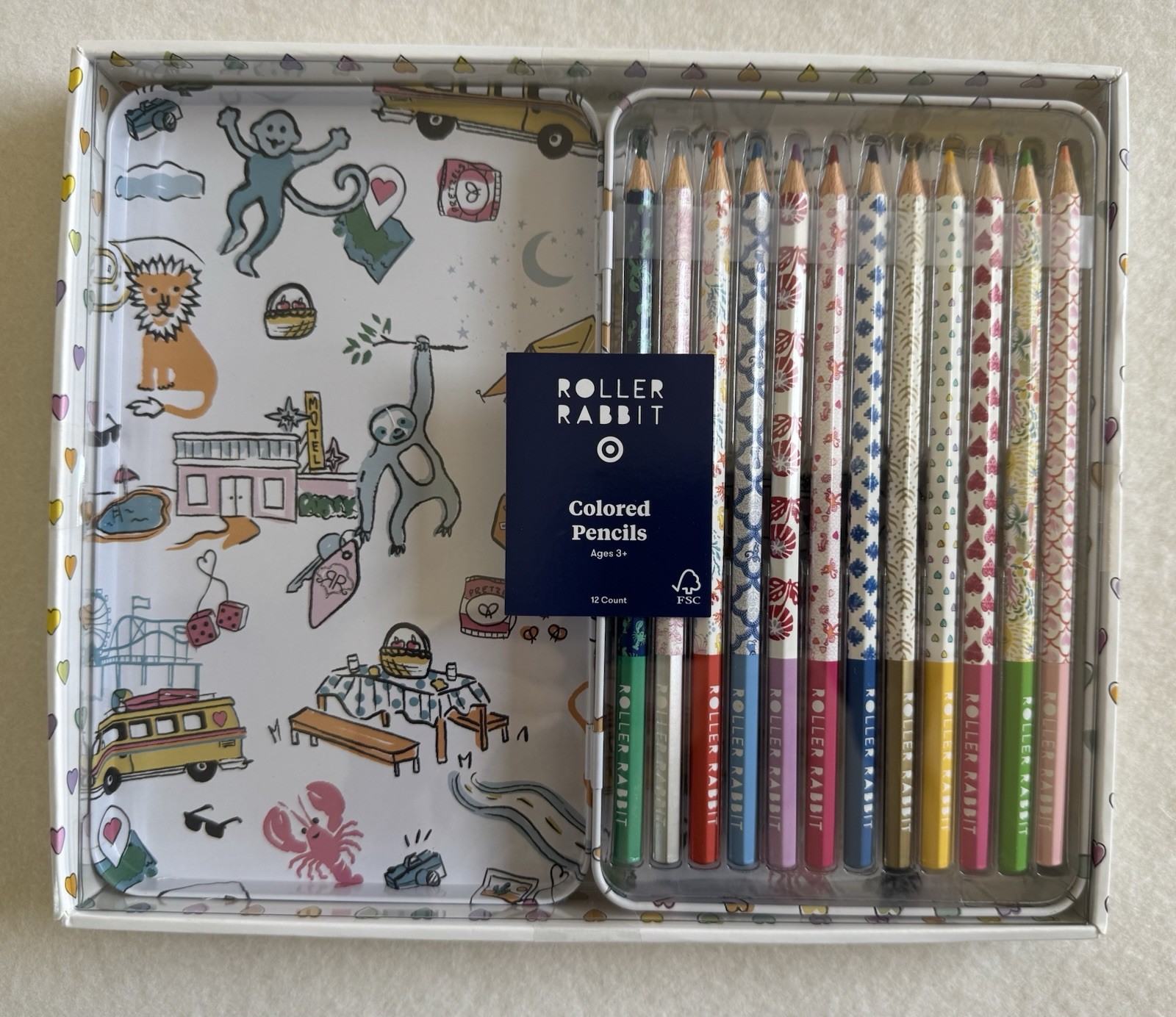 NEW Roller Rabbit x Target Colored Pencils Set Tin Travel Case Box Vacation Cute