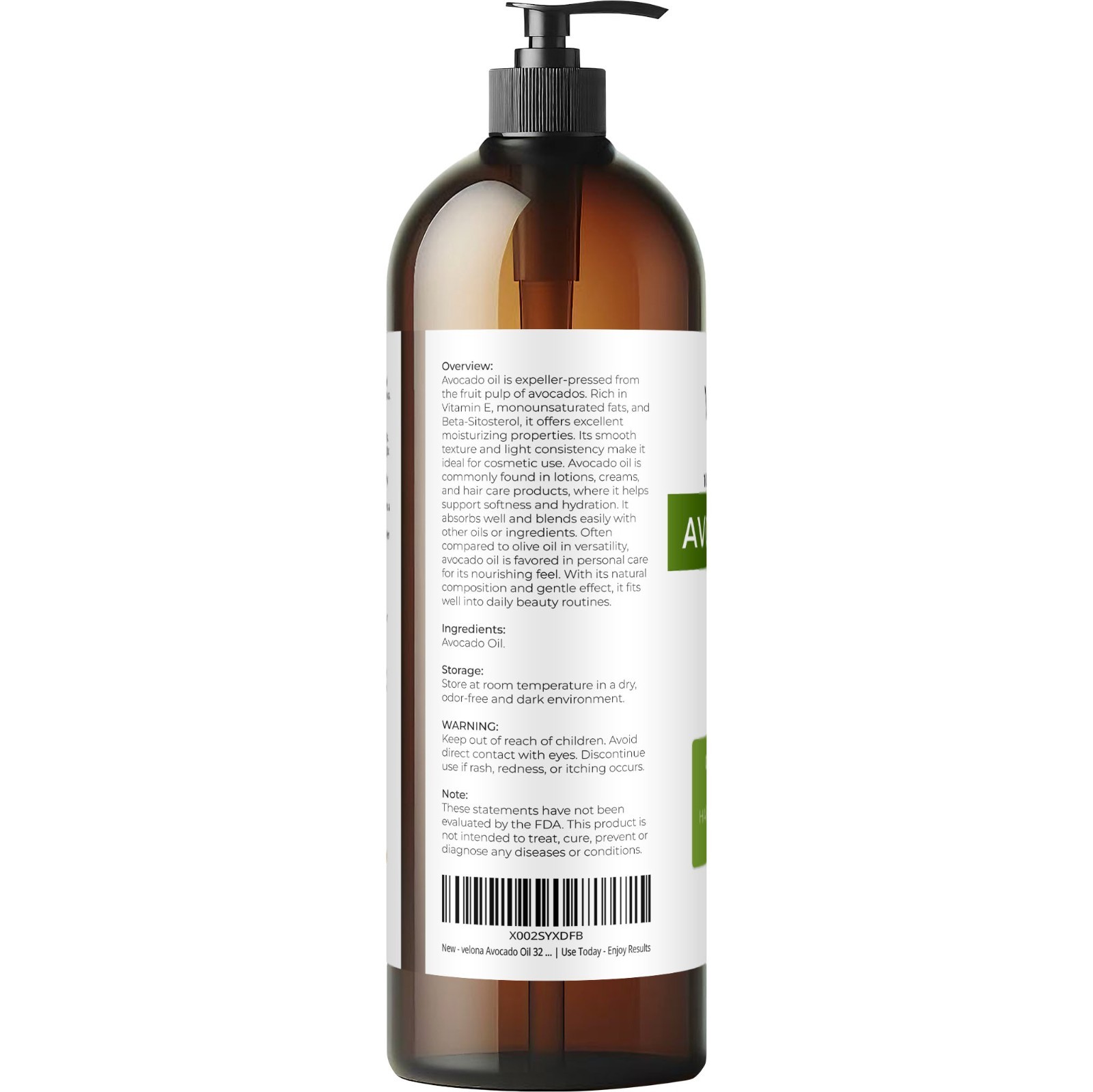 Avocado Oil by Velona – 32 oz, Refined, Cold Pressed, Hair Body and Skin Care
