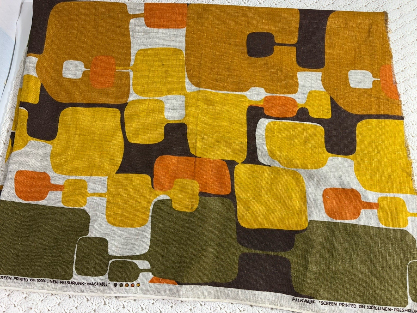 Vintage Filkauf Screen Printed Linen Fabric MCM Retro Orange Brown 100% Linen