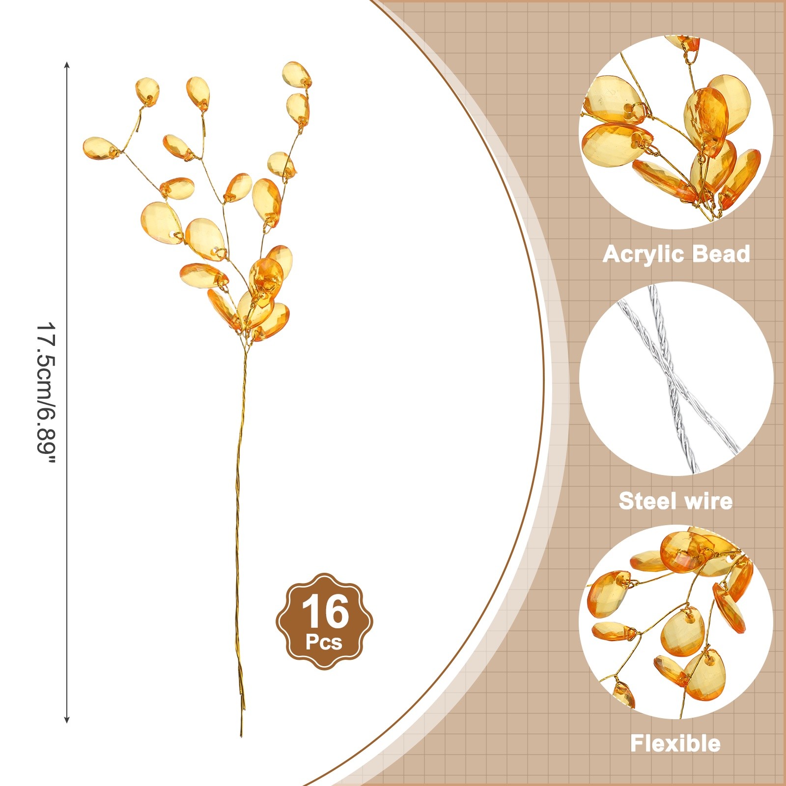 16 Pcs Acrylic Bead Drop Stems, Crystal Floral Picks Bouquets Flowers, Orange