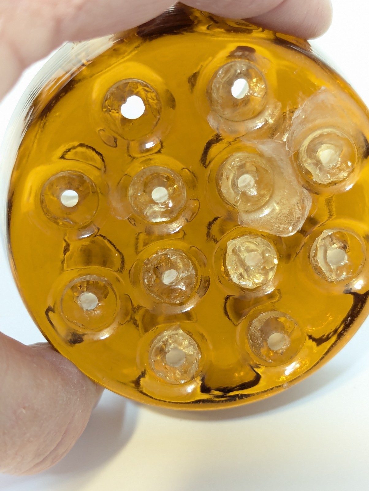 Vintage Amber Glass Flower Frog 16-Hole 3.75″ Pressed Glass Dome Vase Insert