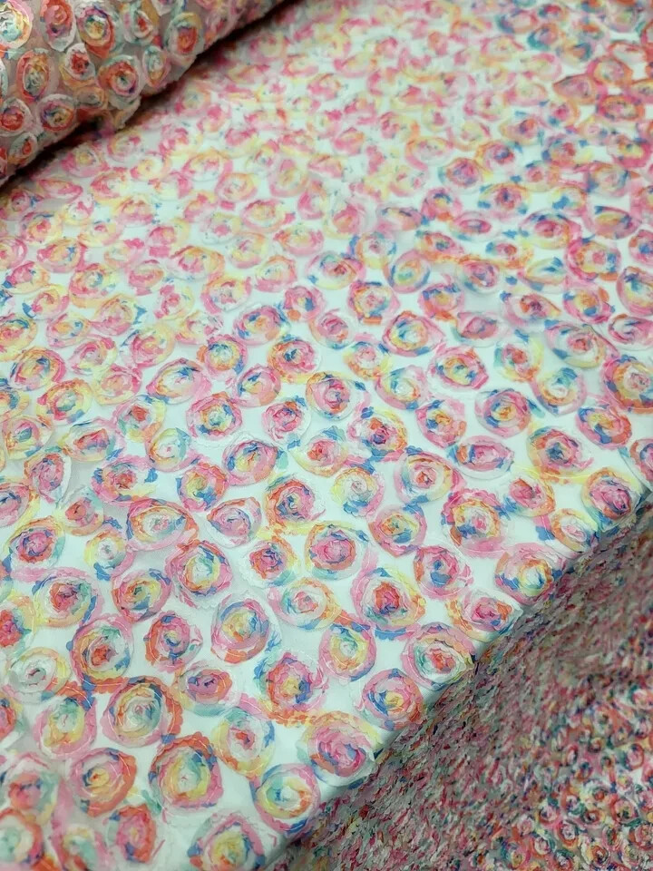 “White Mesh Fabric with Multicolor Floral Embroidery and Pastel Confetti: Sold b