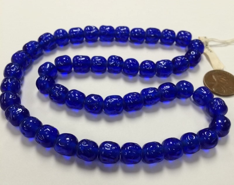 50 VINTAGE JAPANESE CHERRY BRAND GLASS SAPPHIRE 10mm. BAROQUE ROUND BEADS 4576T