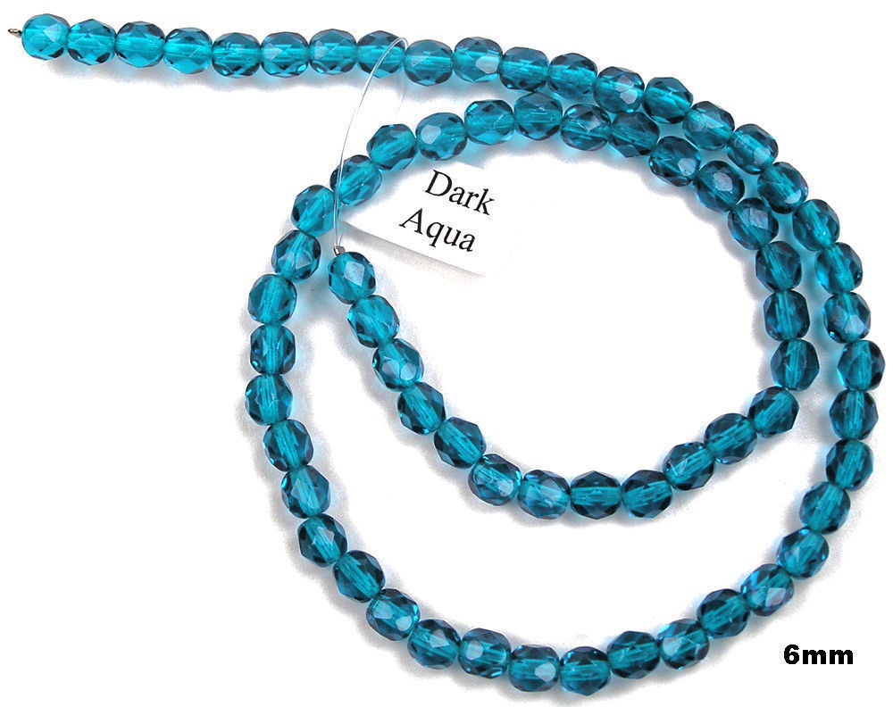 Czech Fire Polished Round Faceted Glass Beads in Dark Aqua 16″ strand, rich blue