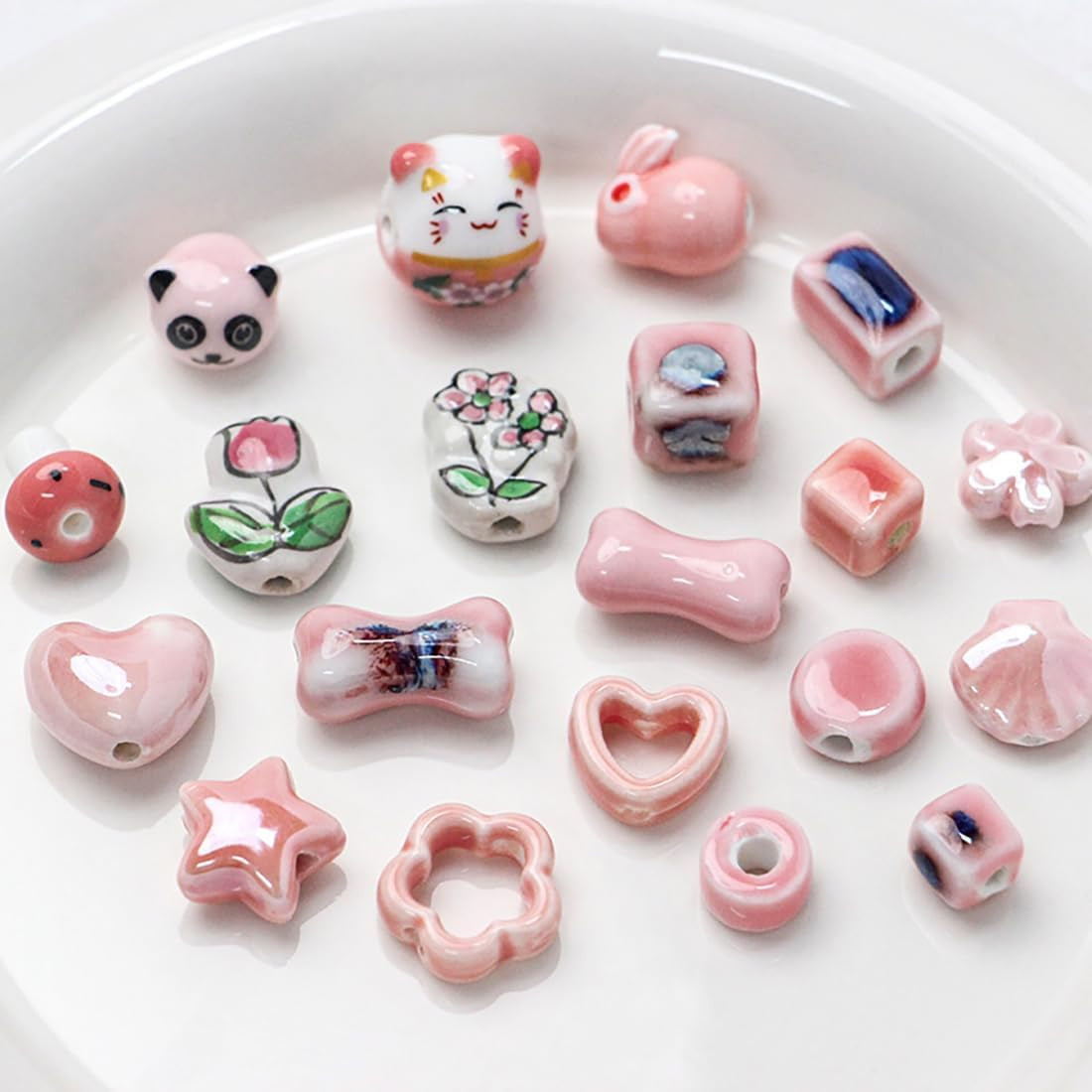 30Pcs Pink Ceramic Beads,Chinese Special Porcelain Beads,Animal Shape Ceramic Be