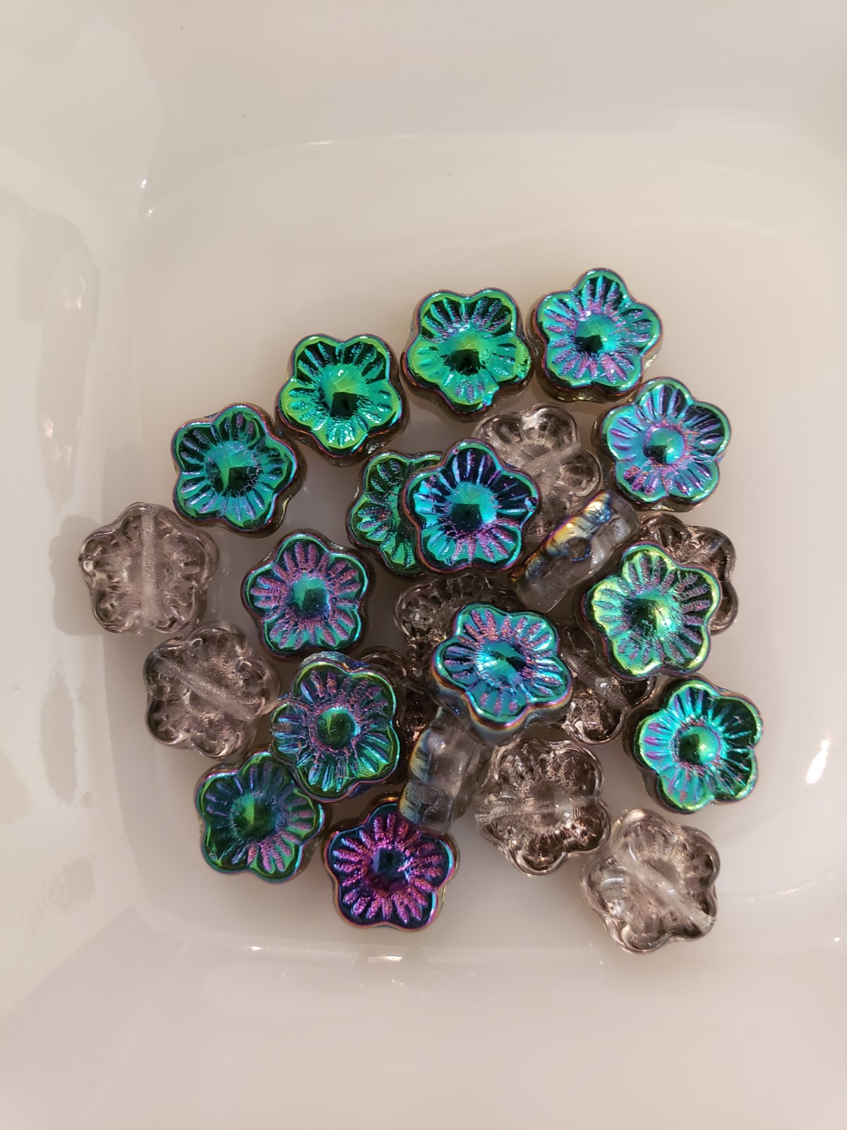 Czech Flowers 10x10mm Teal Green Purple Crystal 24 Pc. (CZ1-16)